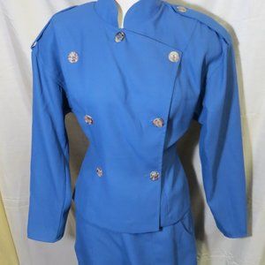 Vintage Blue Double Breasted Flared 3/4 Pant Suit Lew Magram Size 8